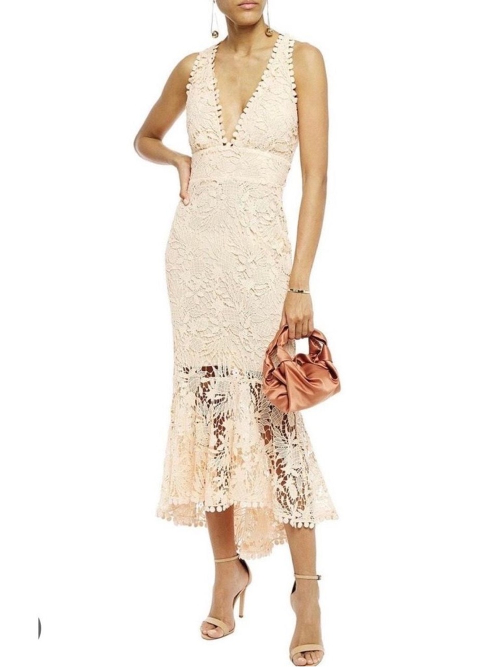 Sleeveless Lace Midi Dress in Blush - Brand: